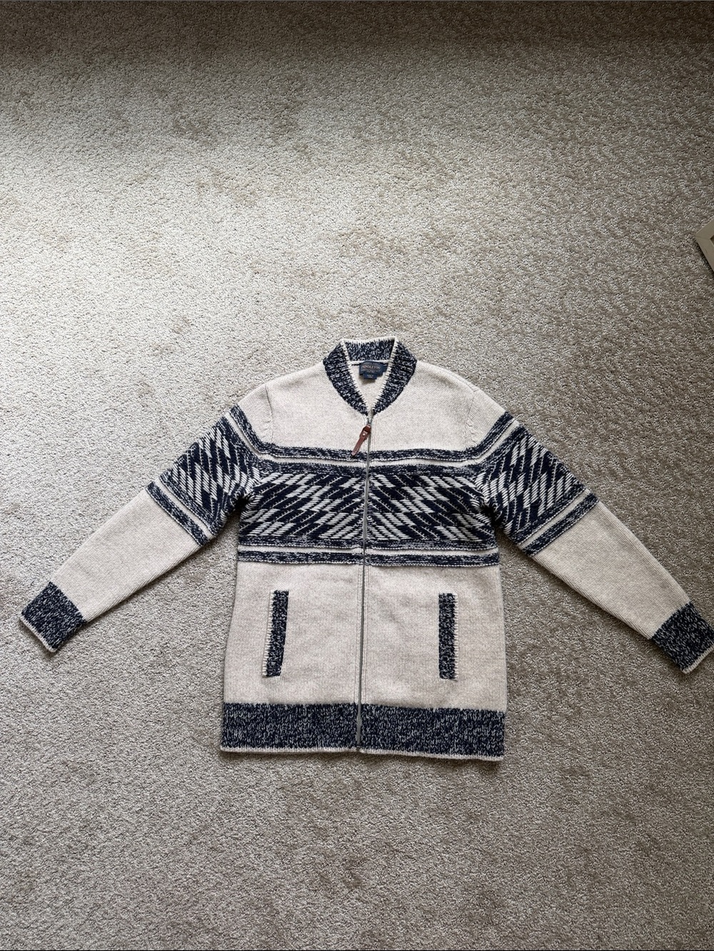 Pendleton Cream and Navy Patterned Zip-Up Sweater